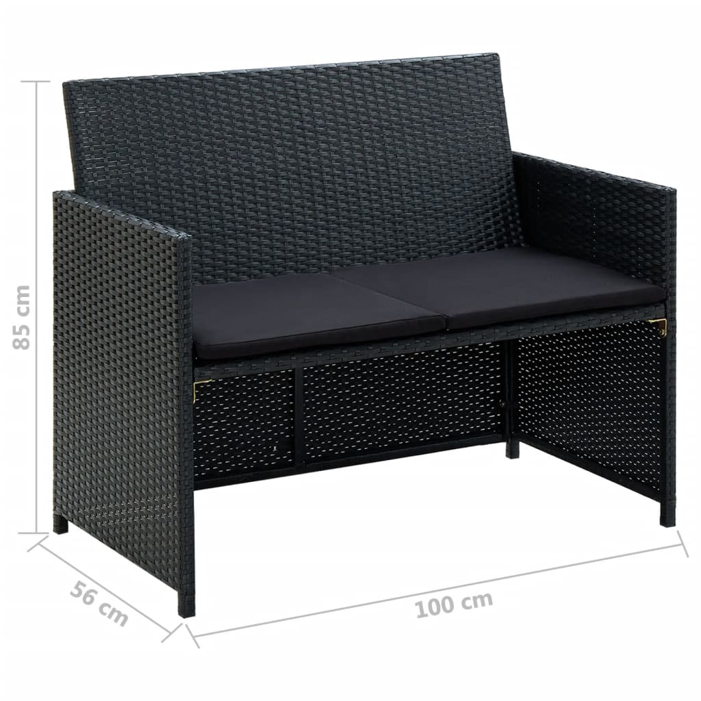 vidaXL 2-Sitzer-Gartensofa mit Polstern Schwarz Poly Rattan