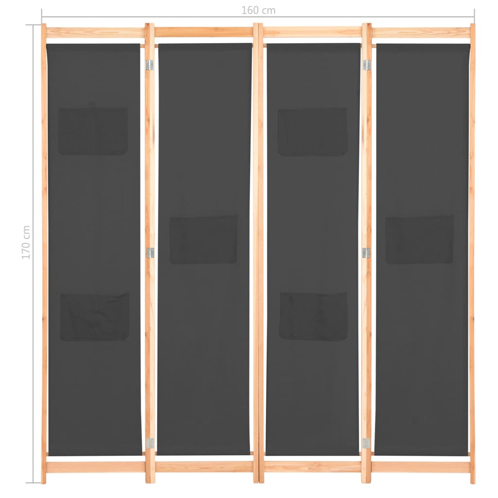 vidaXL 4-teiliger Raumteiler Grau 160 x 170 x 4 cm Stoff