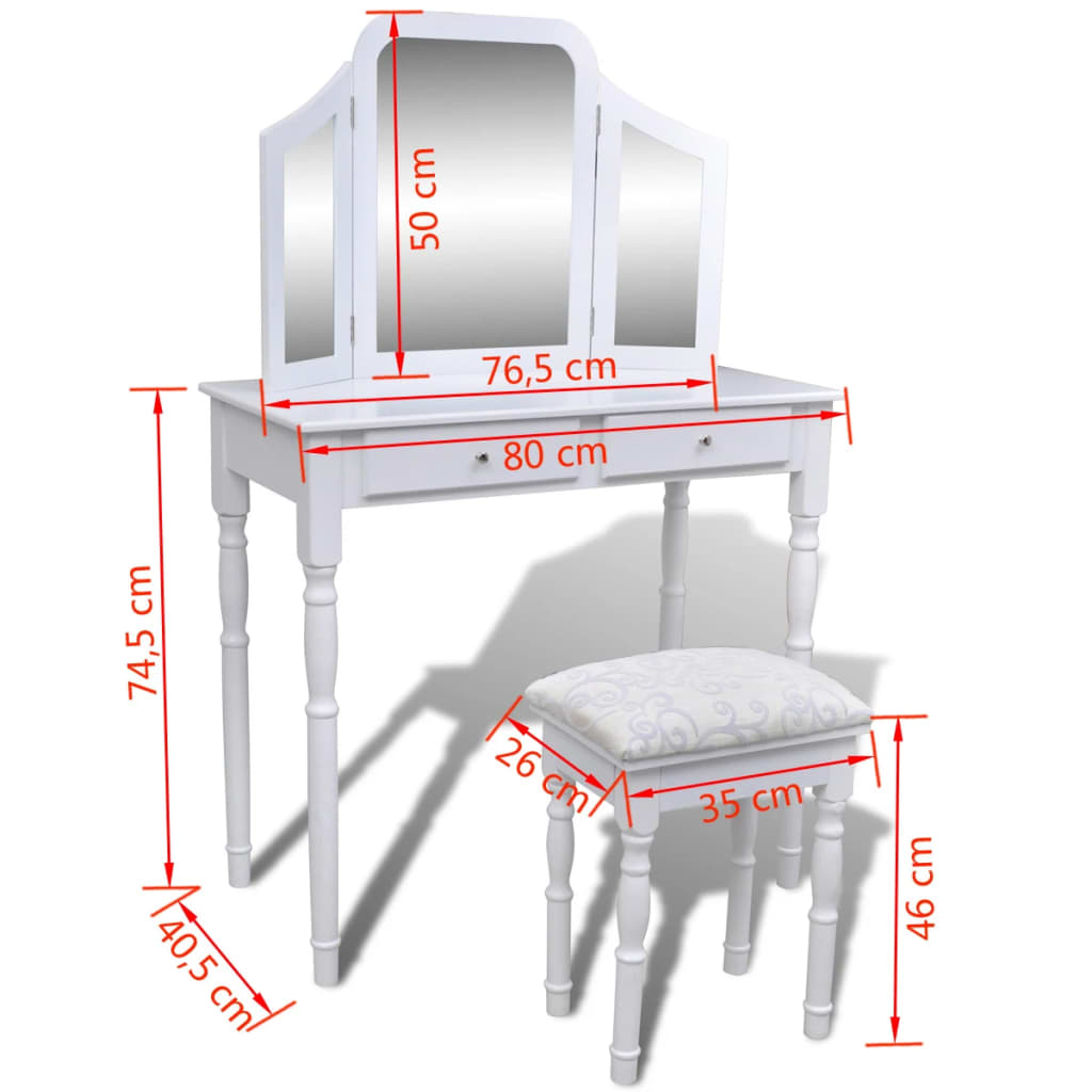 vidaXL Schminktisch mit 3-in-1 Spiegel und Hocker 2 Schubladen Weiß