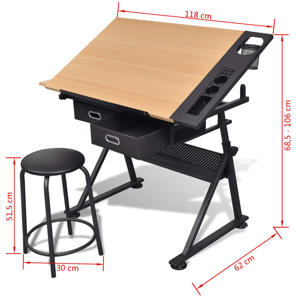 vidaXL Zeichentisch mit neigbarer Tischplatte 2 Schubladen und Hocker