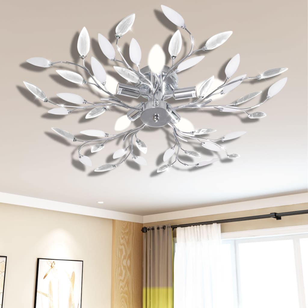 Deckenlampe E Weiße Blätterranken Mit Acryl-Blättern 5X E14 Transparent