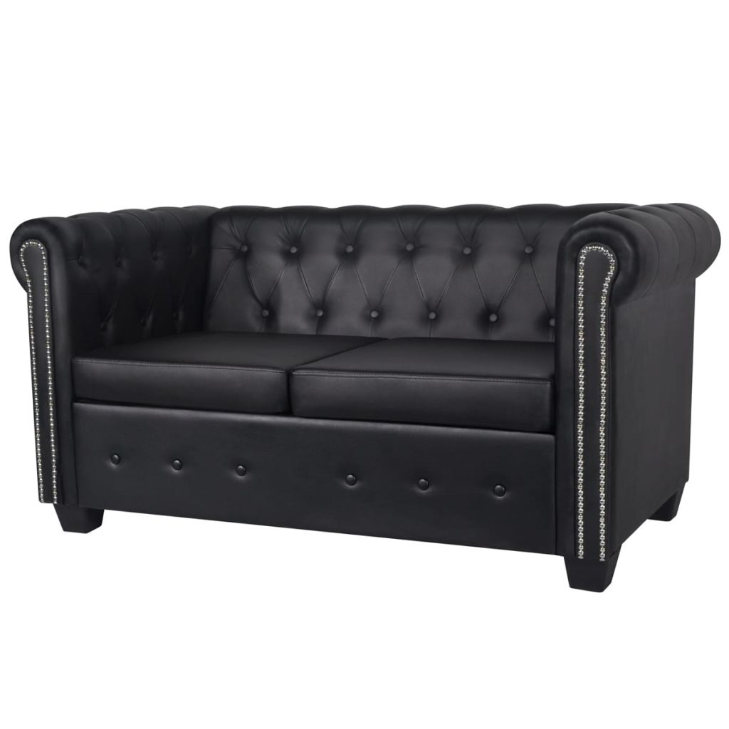 Chesterfield-Sofa 2-Sitzer Kunstleder Schwarz Stilecasa