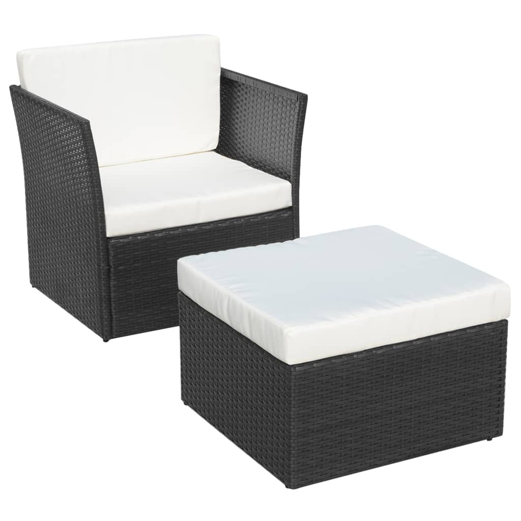 vidaXL Gartensessel mit Fußhocker Poly Rattan Schwarz