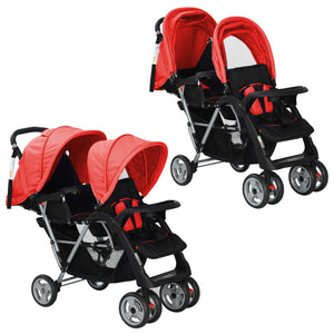 vidaXL Tandem-Kinderwagen Stahl Rot und Schwarz