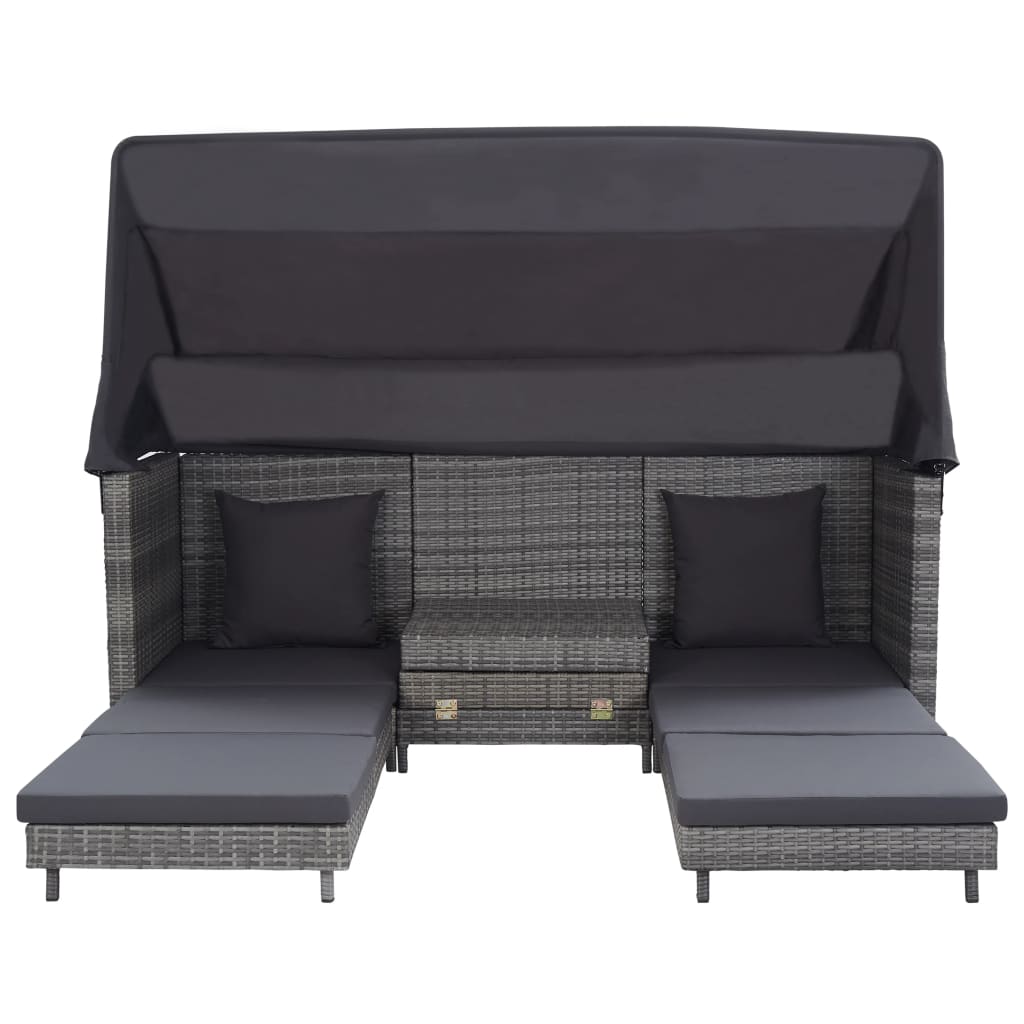 vidaXL Ausziehbares 3-Sitzer-Schlafsofa mit Dach Poly Rattan Grau