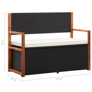 Bank mit Stauraum 115 cm Poly Rattan Massivholz Akazie Schwarz Stilecasa