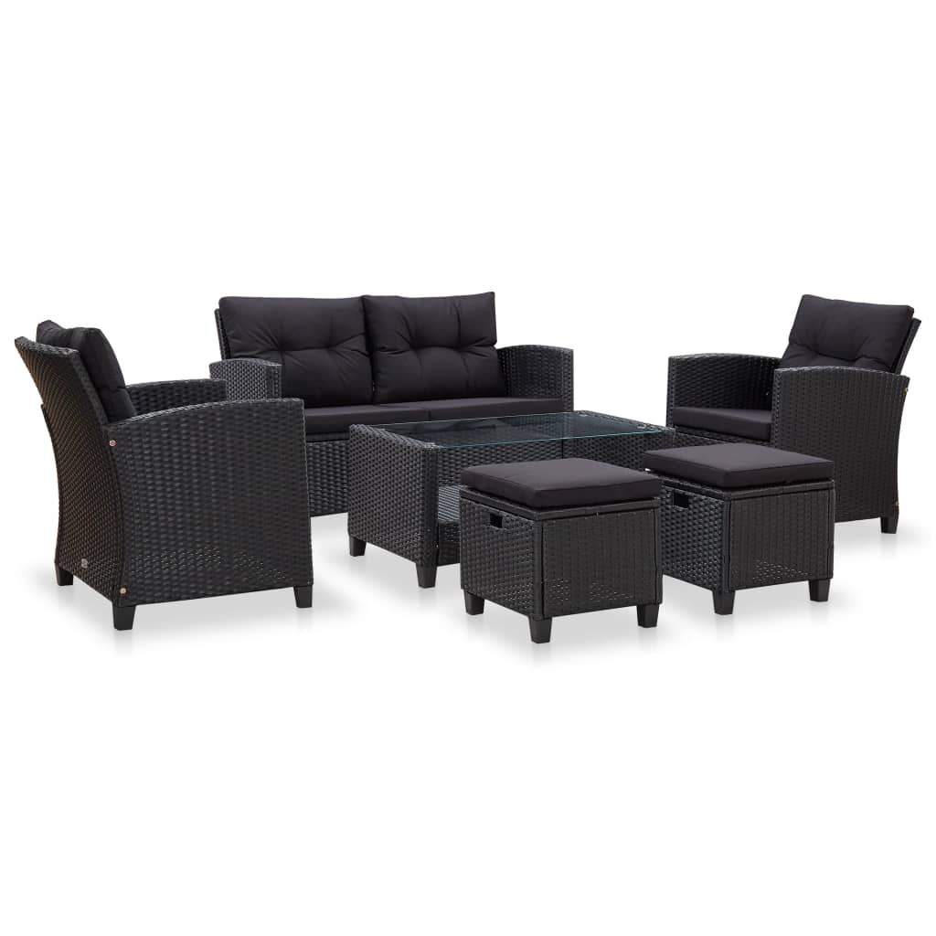 vidaXL 6-tlg. Garten-Sofagarnitur mit Auflagen Poly Rattan Schwarz