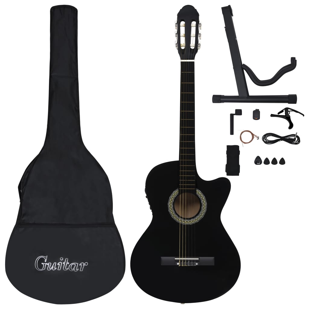 12-tlg. Western Gitarren-Set mit Equalizer und 6 Saiten Schwarz