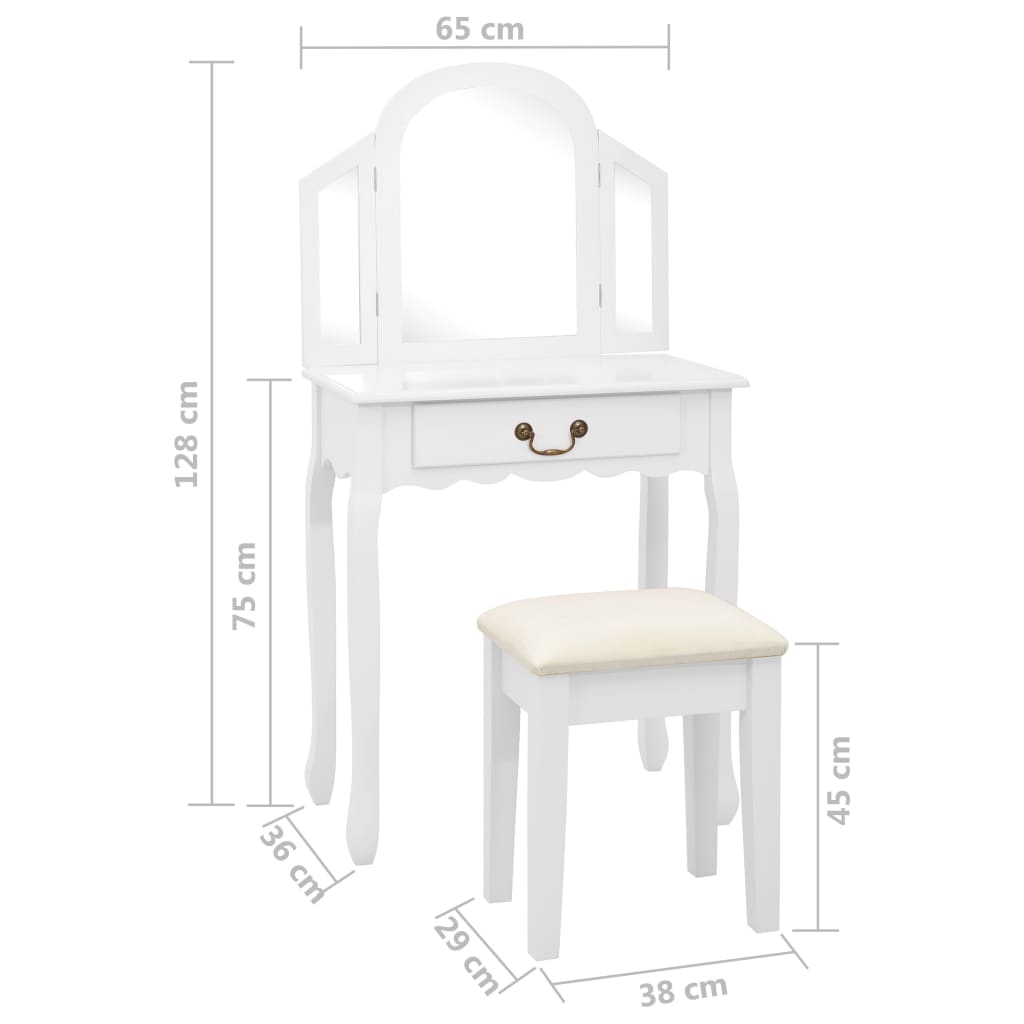 vidaXL Schminktisch mit Hocker Weiß 65x36x128 cm Paulownia-Holz MDF