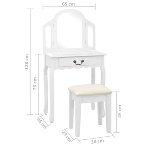 vidaXL Schminktisch mit Hocker Weiß 65x36x128 cm Paulownia-Holz MDF