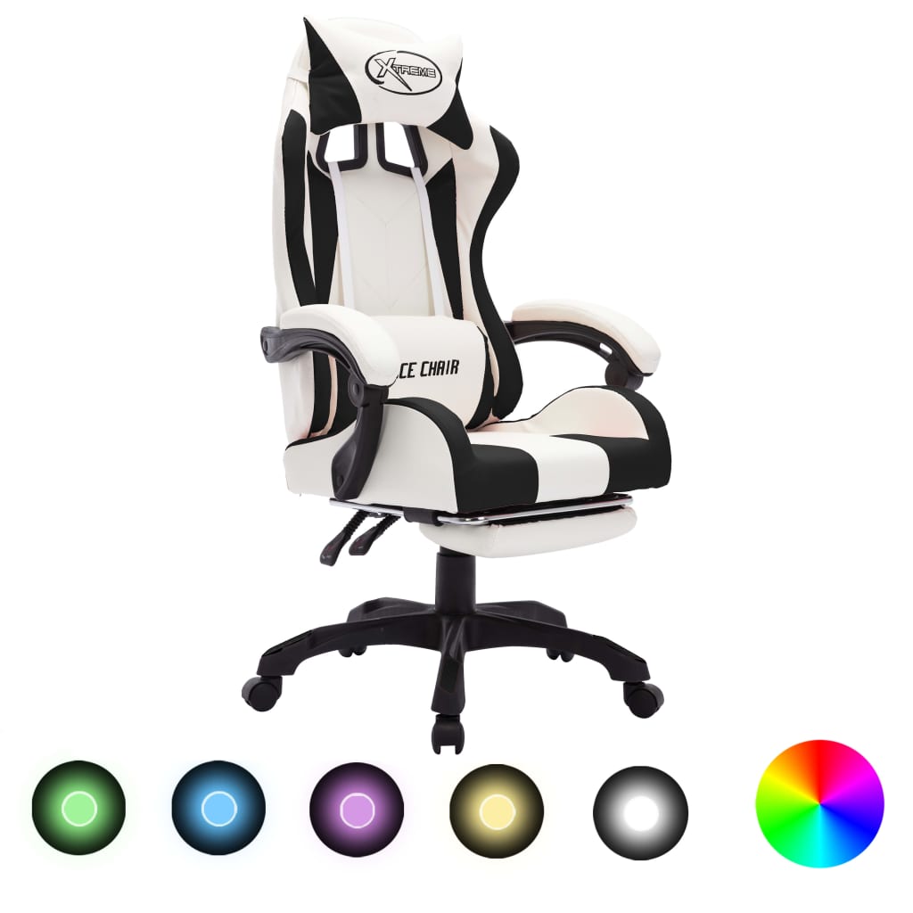 vidaXL Gaming-Stuhl mit RGB LED-Leuchten Schwarz und Weiß Kunstleder