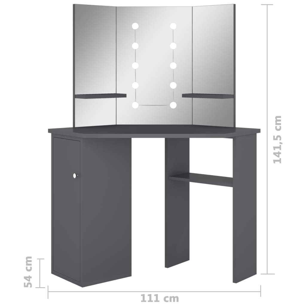 vidaXL Eck-Schminktisch mit LED Grau 111x54x141,5 cm