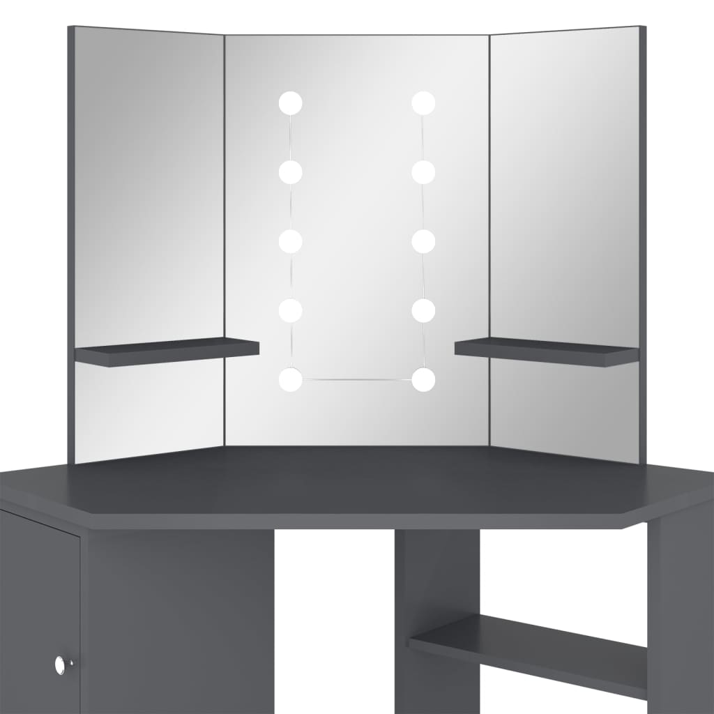 vidaXL Eck-Schminktisch mit LED Grau 111x54x141,5 cm