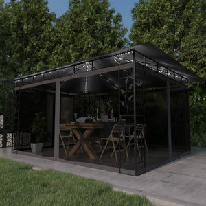 Pavillon mit Moskitonetz & LED-Lichterkette 4x3x2,73m Anthrazit