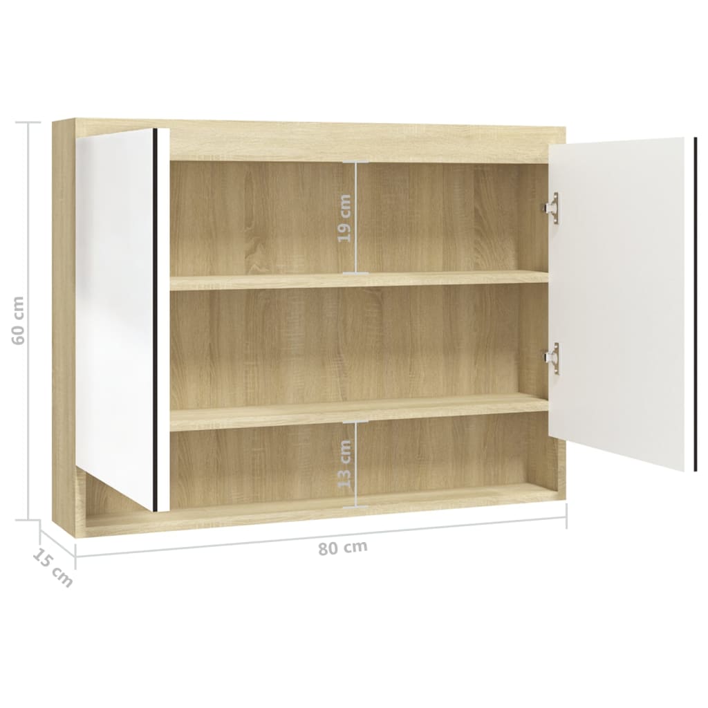 vidaXL Spiegelschrank fürs Bad 80x15x60 cm MDF Weiß und Eiche-Optik