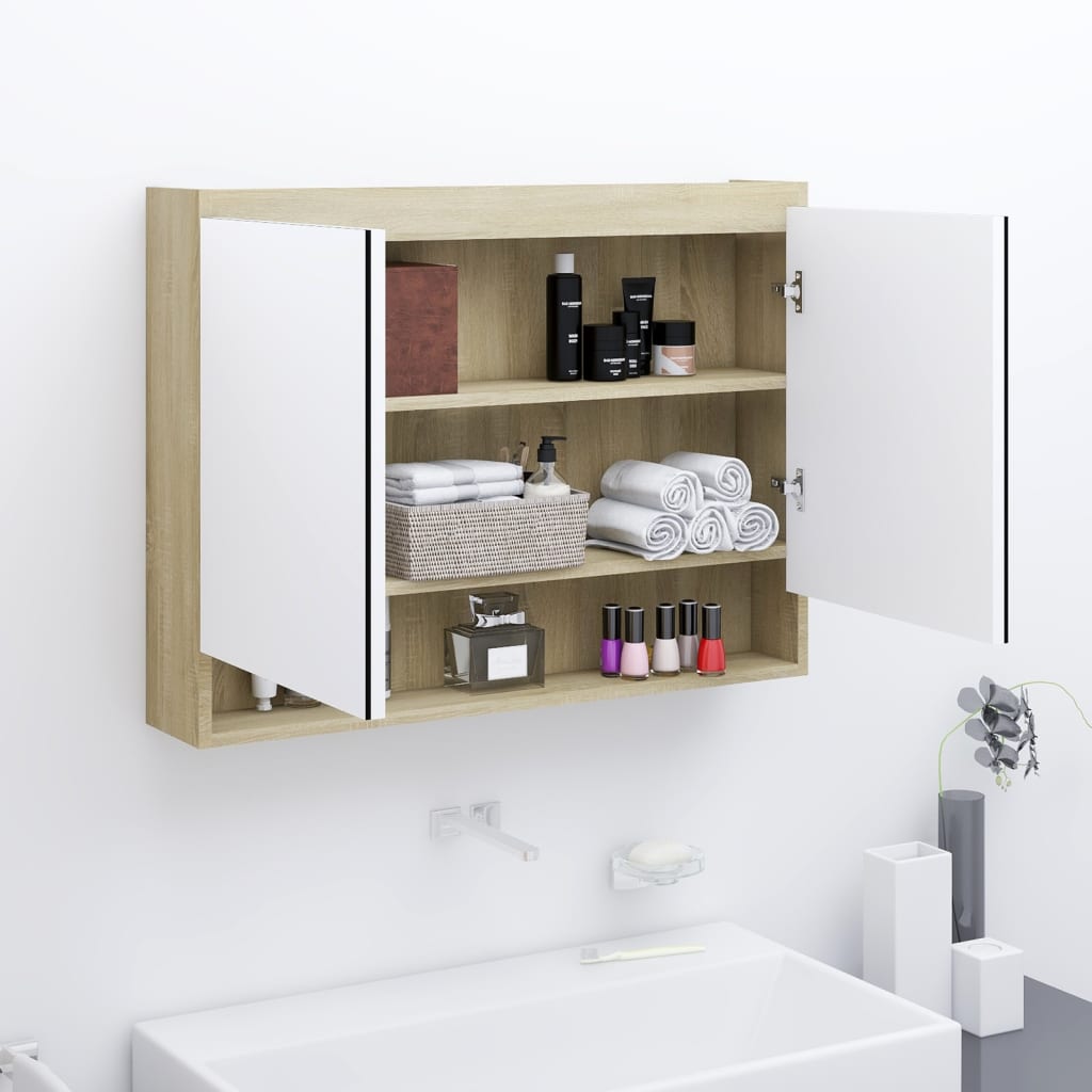 vidaXL Spiegelschrank fürs Bad 80x15x60 cm MDF Weiß und Eiche-Optik