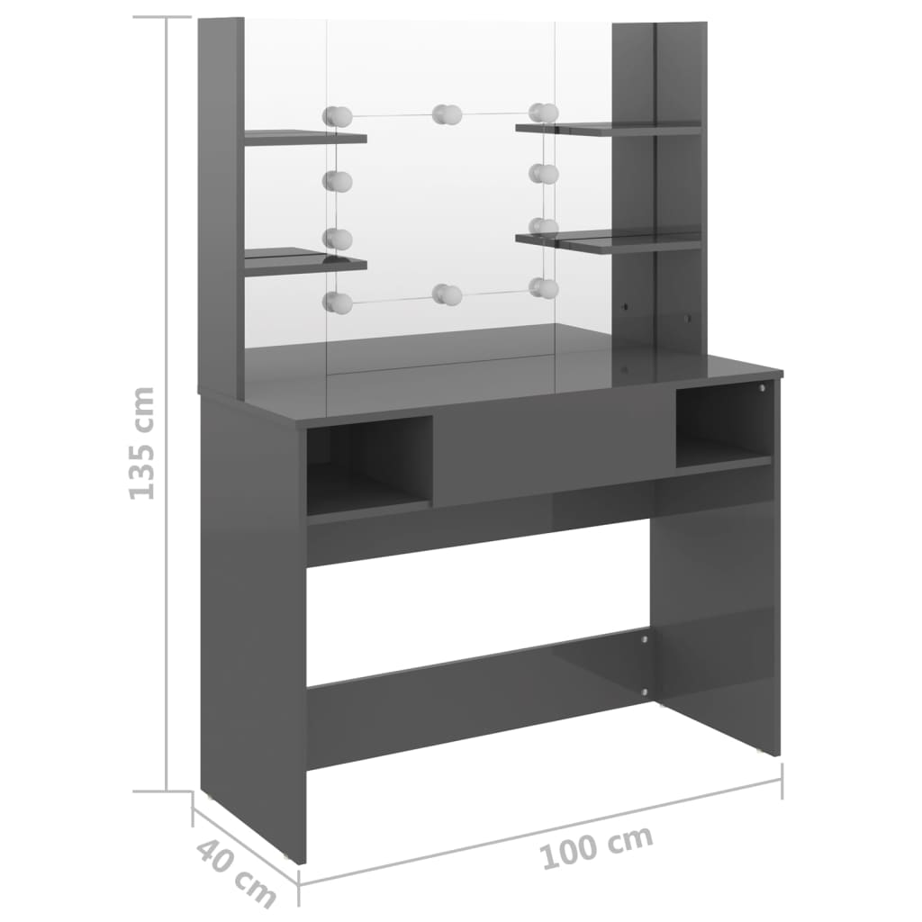 vidaXL Schminktisch LED-Beleuchtung 100x40x135 cm MDF Glänzendes Grau