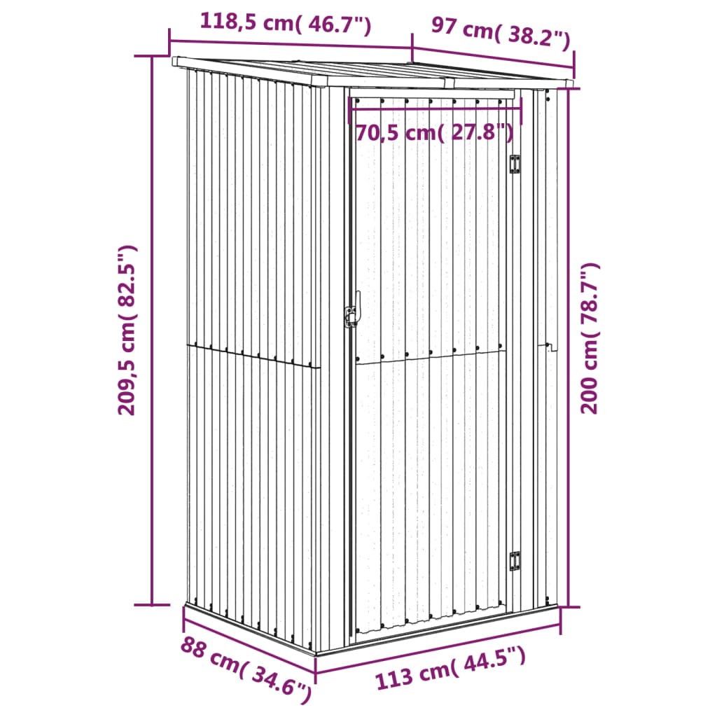 vidaXL Geräteschuppen Grau 118,5x97x209,5 cm Verzinkter Stahl