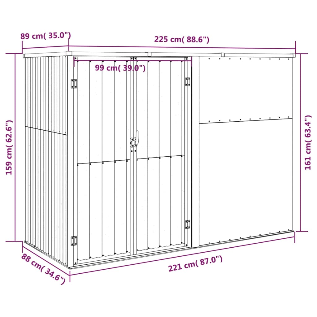 Gerätehaus Grau 225x89x161 cm Verzinkter Stahl Stilecasa