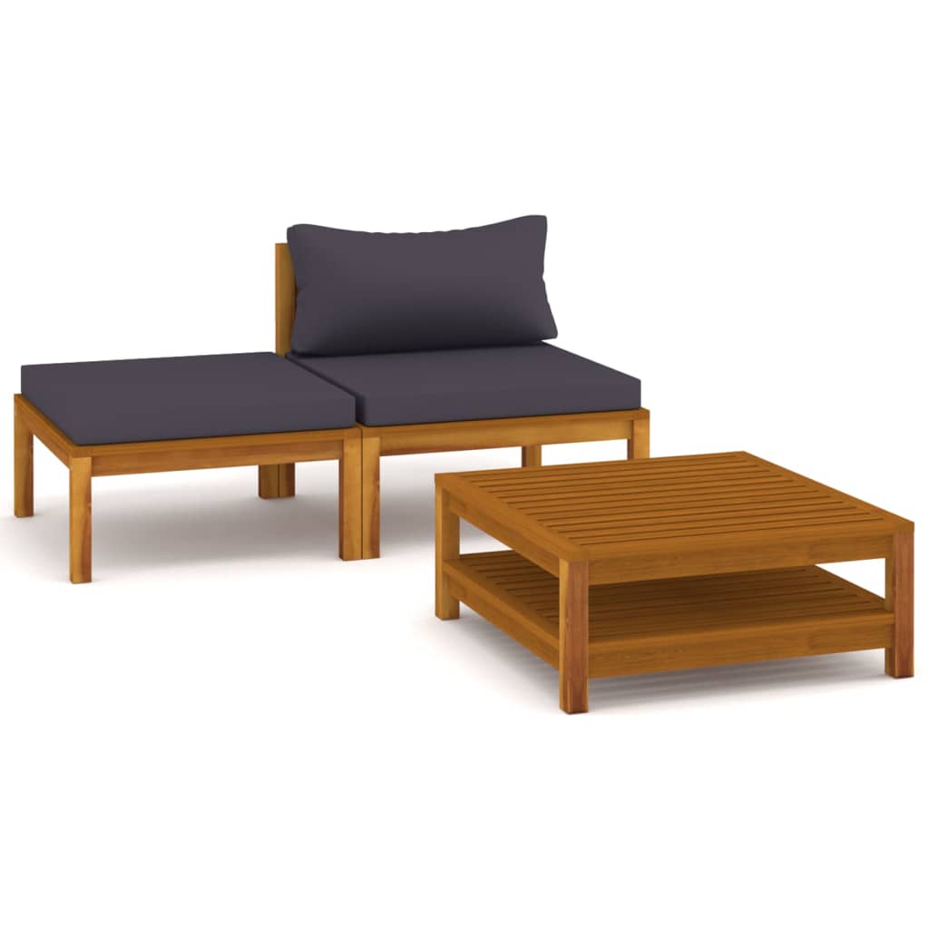 vidaXL 3-tlg. Garten-Lounge-Set mit Dunkelgrauen Kissen Akazienholz