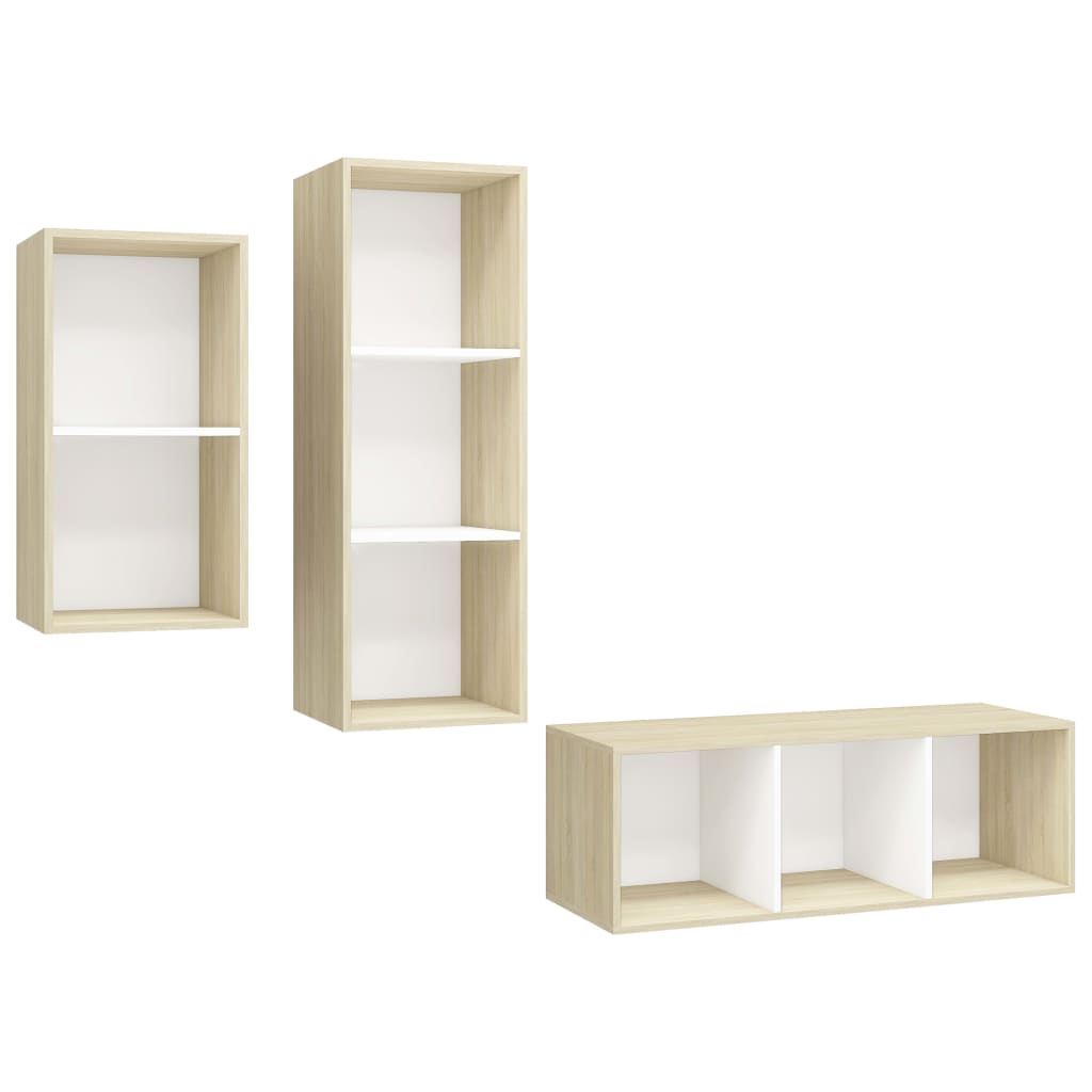 vidaXL 3-tlg. TV-Schrank-Set Weiß Sonoma-Eiche Holzwerkstoff