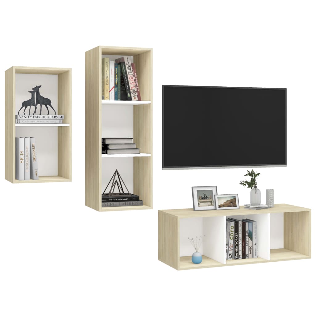 vidaXL 3-tlg. TV-Schrank-Set Weiß Sonoma-Eiche Holzwerkstoff