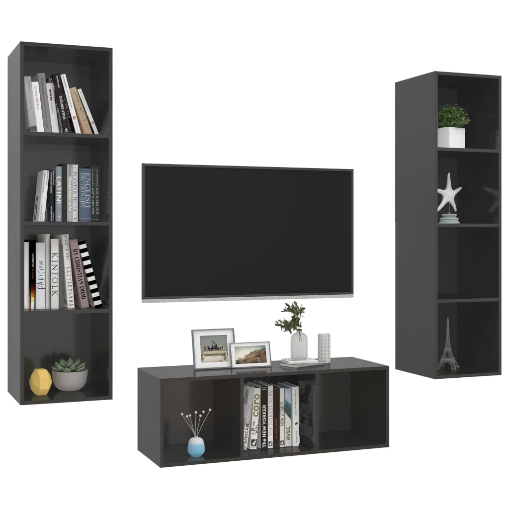 vidaXL 3-tlg. TV-Schrank-Set Hochglanz-Grau Holzwerkstoff