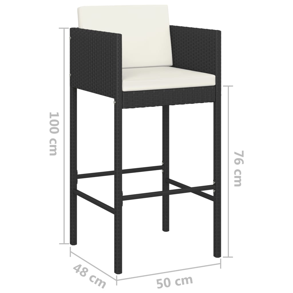 vidaXL Barhocker 2 Stk. mit Kissen Schwarz Poly Rattan