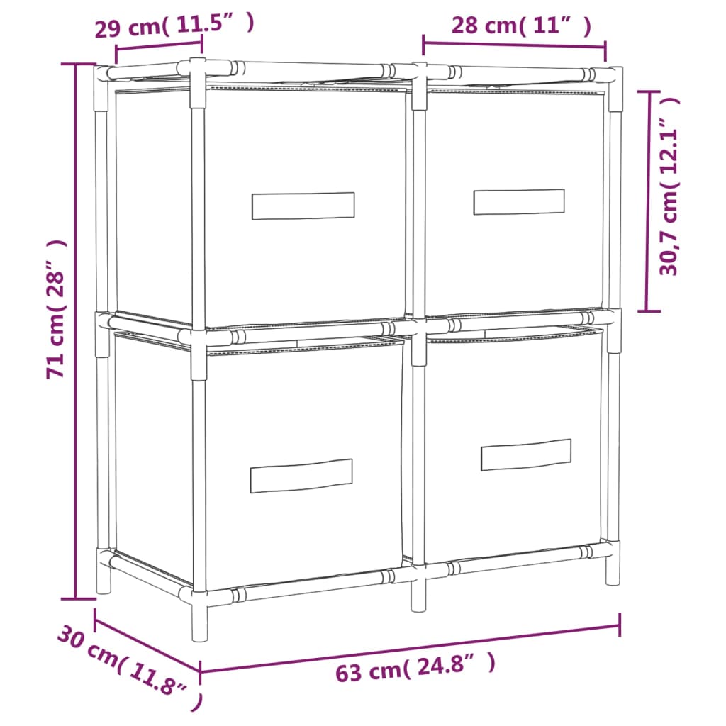 Kommode mit 4 Körben aus Stoff Grau 63×30×71 cm Stahl Stilecasa