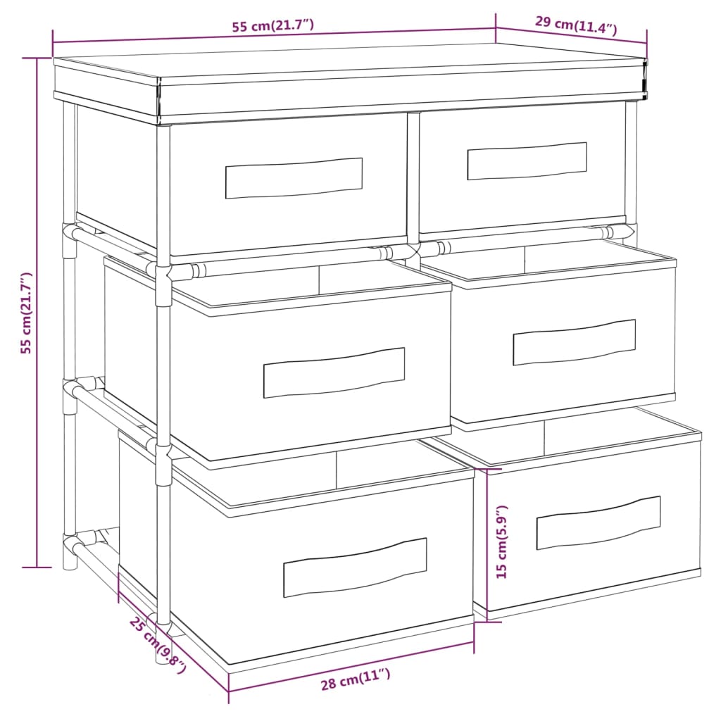 Aufbewahrungsschrank mit 6 Schubladen 55×29×55 cm Schwarz Stahl Stilecasa