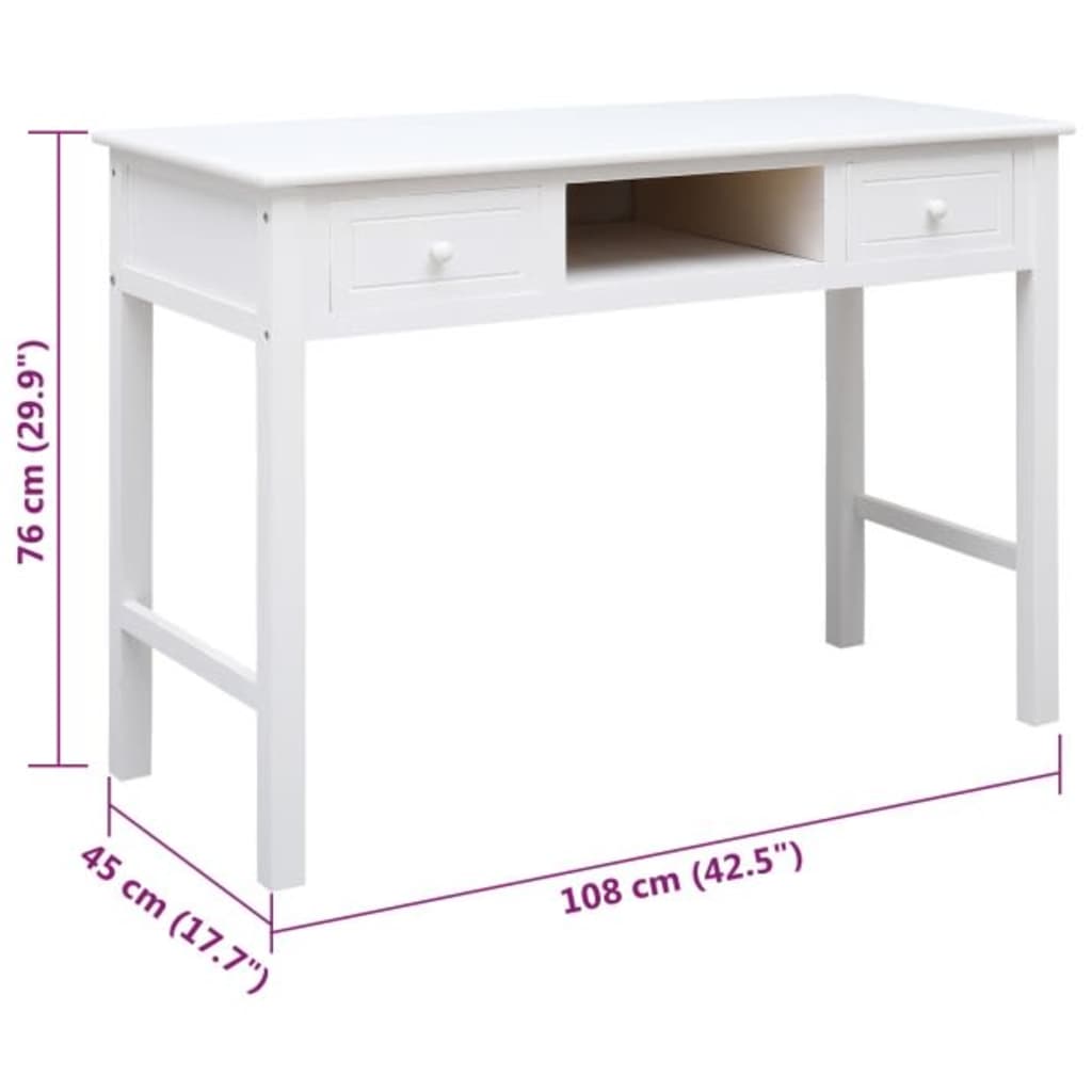 vidaXL Schreibtisch Weiß 108x45x76 cm Massivholz Paulownia