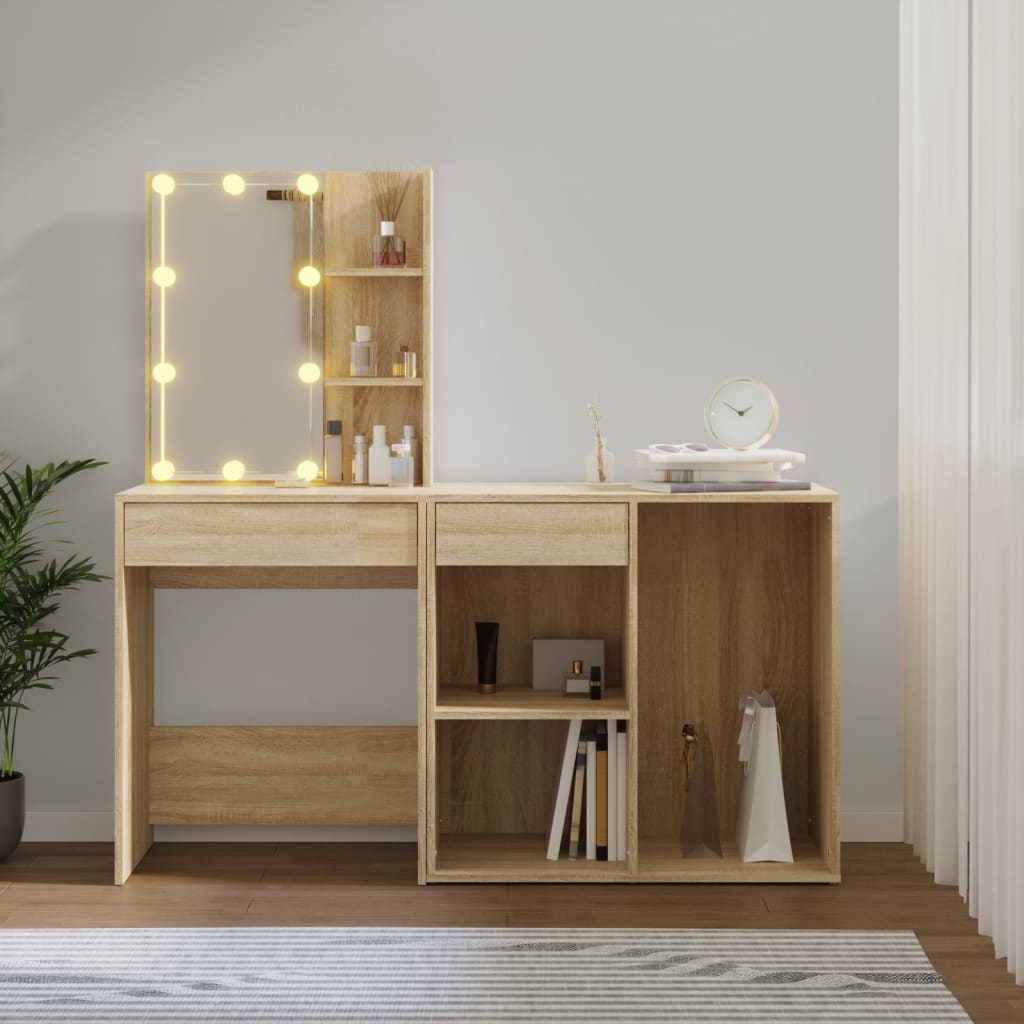 vidaXL LED-Schminktisch mit Schrank Sonoma-Eiche Holzwerkstoff