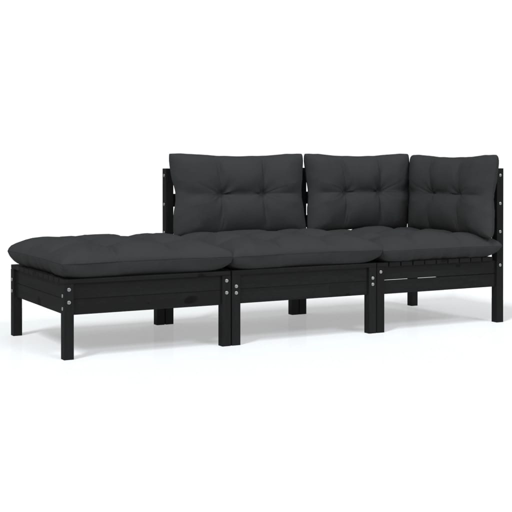 vidaXL 3-tlg. Garten-Lounge-Set mit Kissen Schwarz Kiefer Massivholz