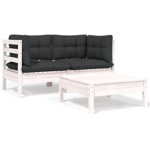 vidaXL 3-tlg. Garten-Lounge-Set mit Kissen in Weiß Kiefer Massivholz