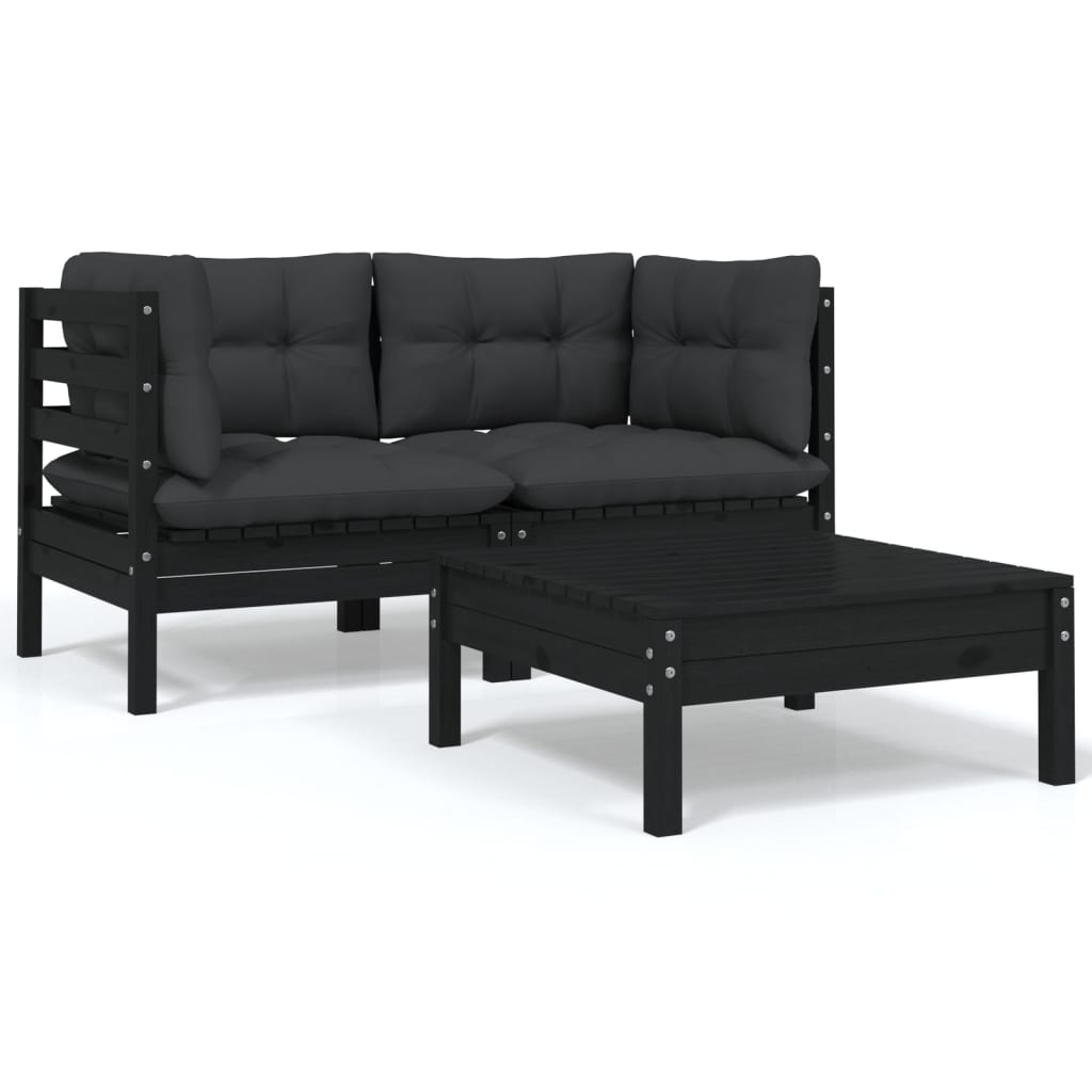 vidaXL 3-tlg. Garten-Lounge-Set mit Kissen Schwarz Massivholz Kiefer