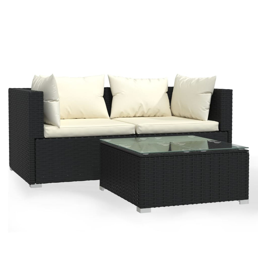 3-tlg. Garten-Lounge-Set mit Auflagen Schwarz Poly Rattan Stilecasa