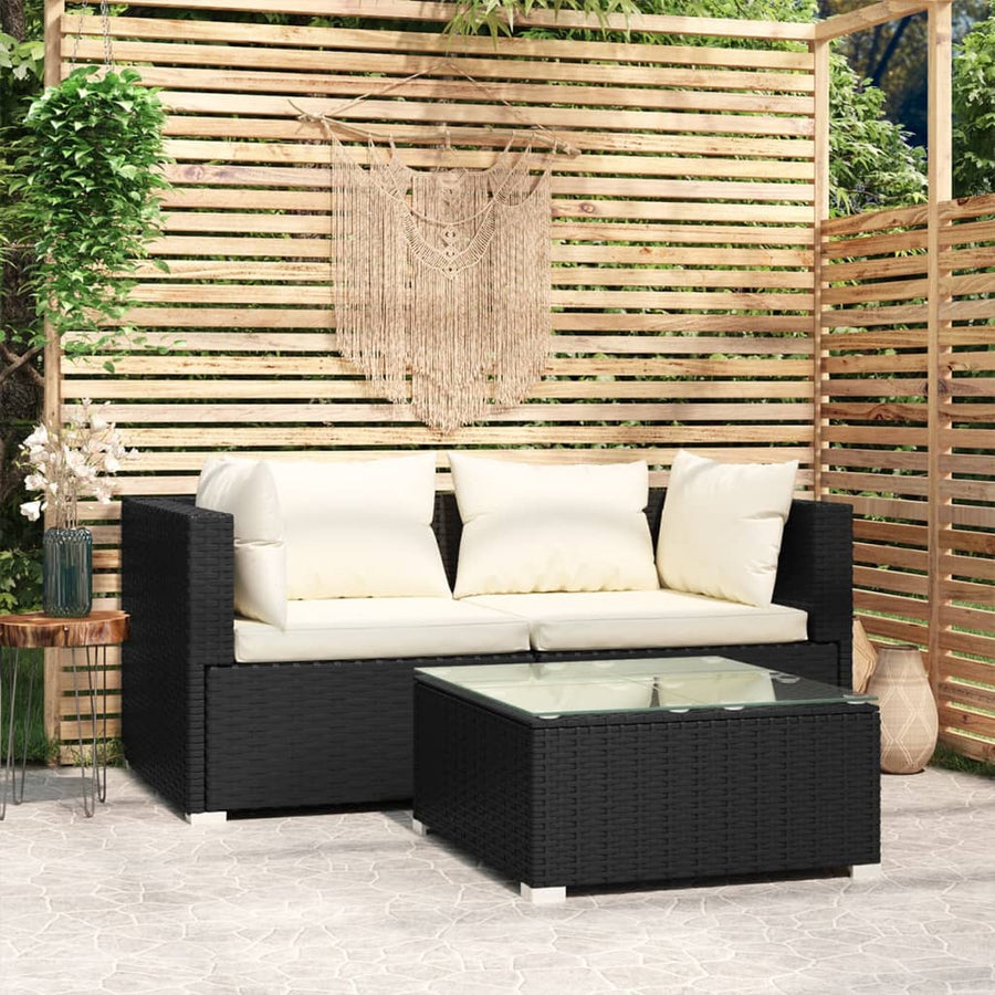 3-tlg. Garten-Lounge-Set mit Auflagen Schwarz Poly Rattan Stilecasa