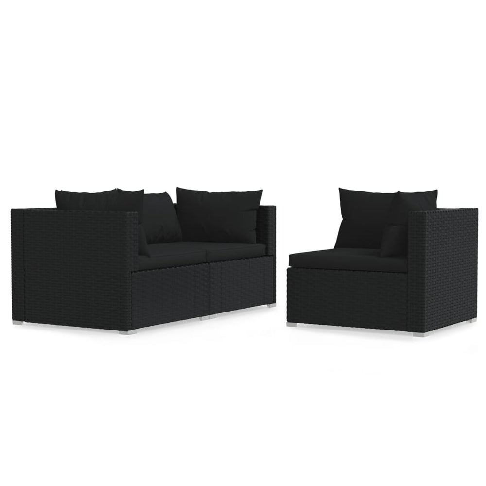 3-tlg. Garten-Lounge-Set mit Kissen Schwarz Poly Rattan Stilecasa