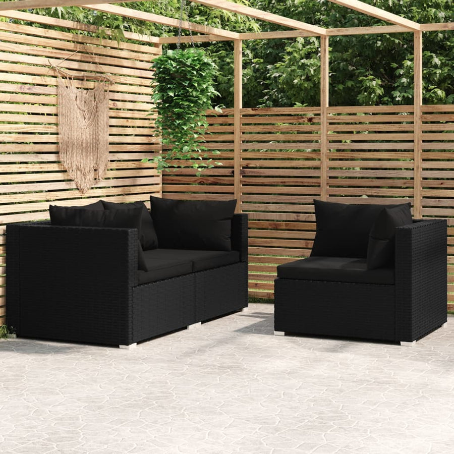 3-tlg. Garten-Lounge-Set mit Kissen Schwarz Poly Rattan Stilecasa