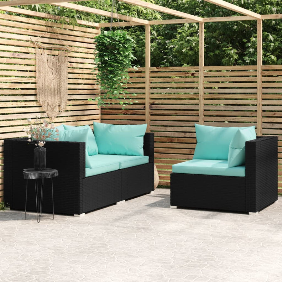 3-tlg. Garten-Lounge-Set mit Kissen Schwarz Poly Rattan Stilecasa