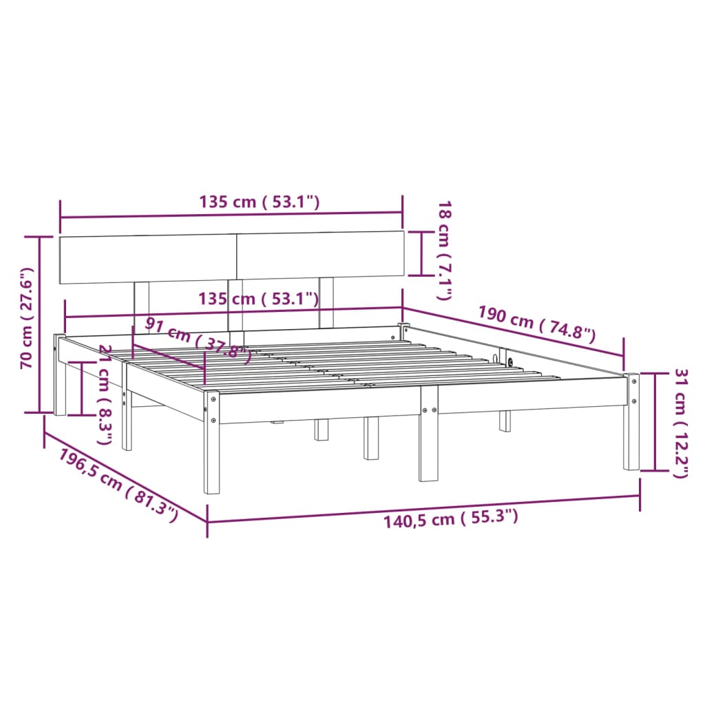 vidaXL Massivholzbett Schwarz Kiefer 135x190 cm