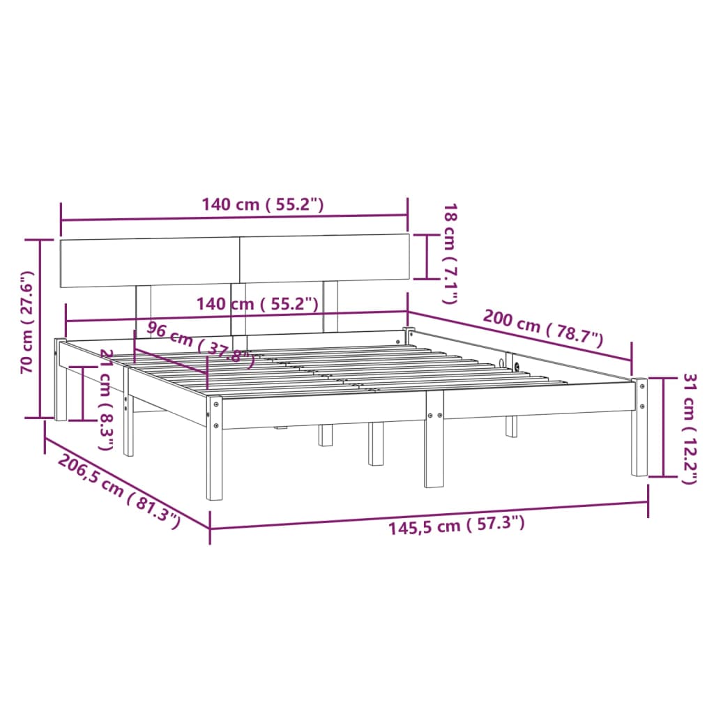 vidaXL Massivholzbett Schwarz Kiefer 140x200 cm