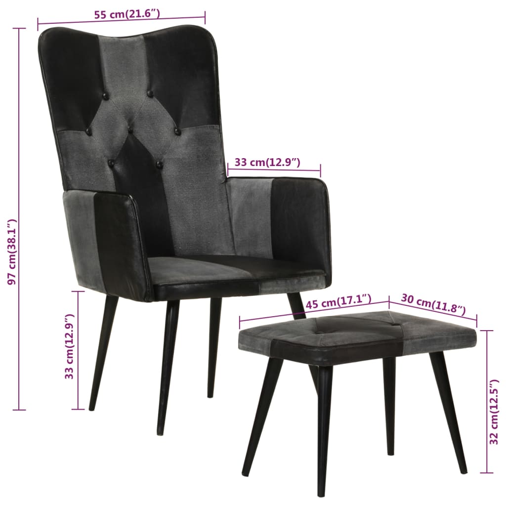 vidaXL Sessel mit Hocker Schwarz Echtleder und Canvas