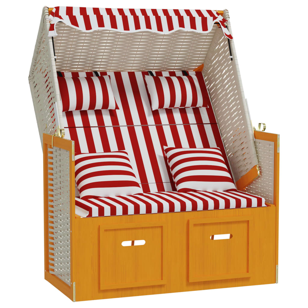 Strandkorb mit Kissen Poly Rattan und Massivholz Rot & Weiß