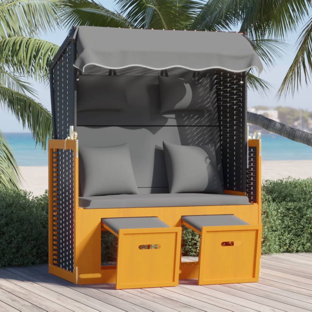 Strandkorb mit Kissen Poly Rattan Massivholz Schwarz Anthrazit