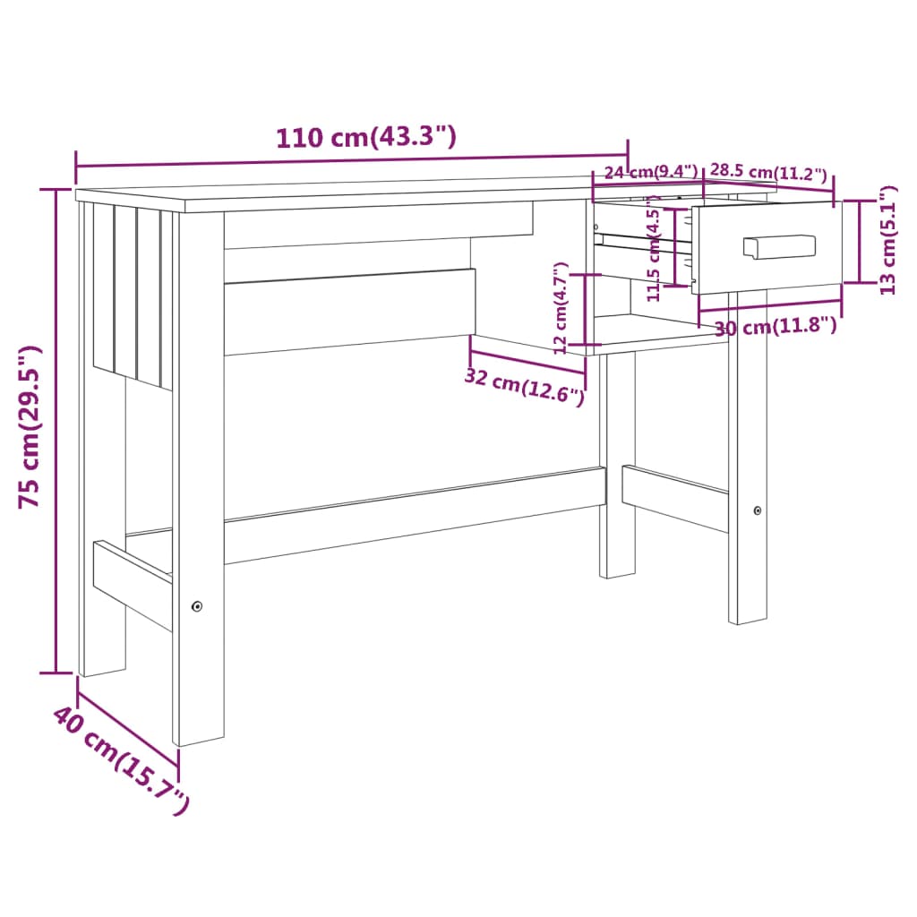 vidaXL Schreibtisch HAMAR Honigbraun 110x40x75 cm Massivholz Kiefer