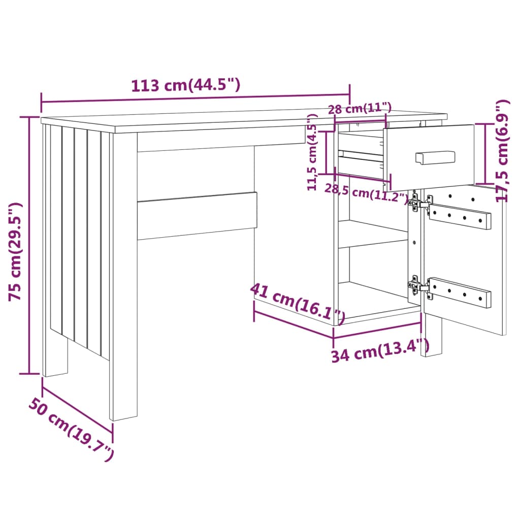 vidaXL Schreibtisch HAMAR Honigbraun 113x50x75 cm Massivholz Kiefer