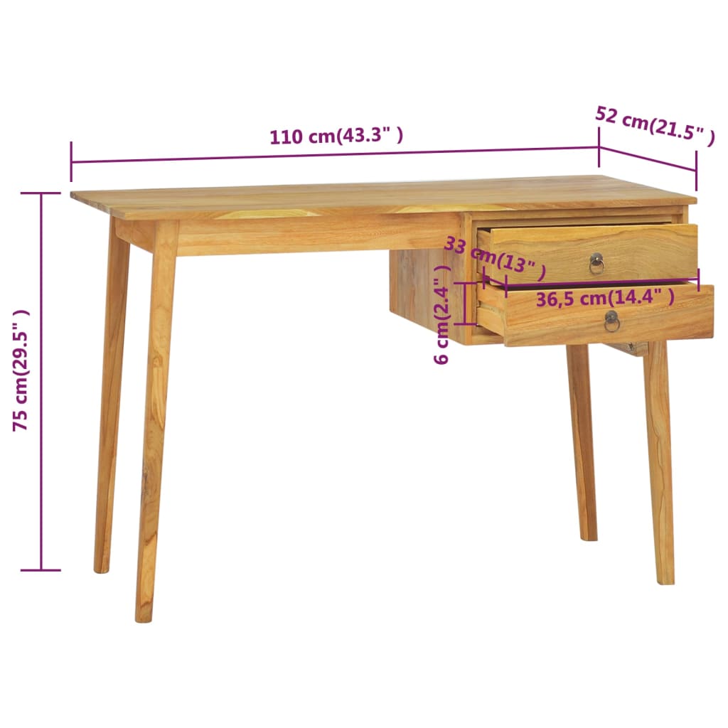 vidaXL Schreibtisch mit 2 Schubladen 110x52x75 cm Massivholz Teak