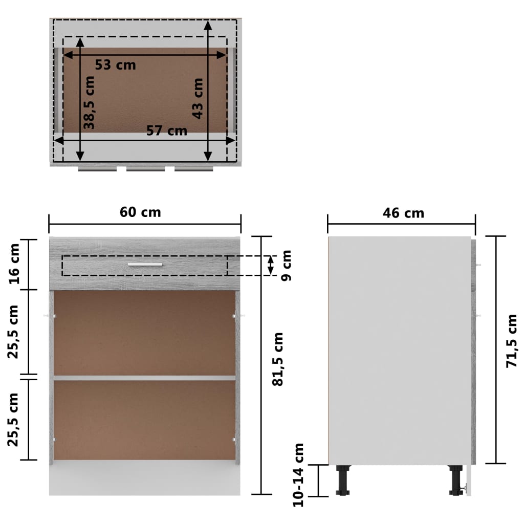 vidaXL Unterschrank mit Schublade Grau Sonoma 60x46x81,5 cm