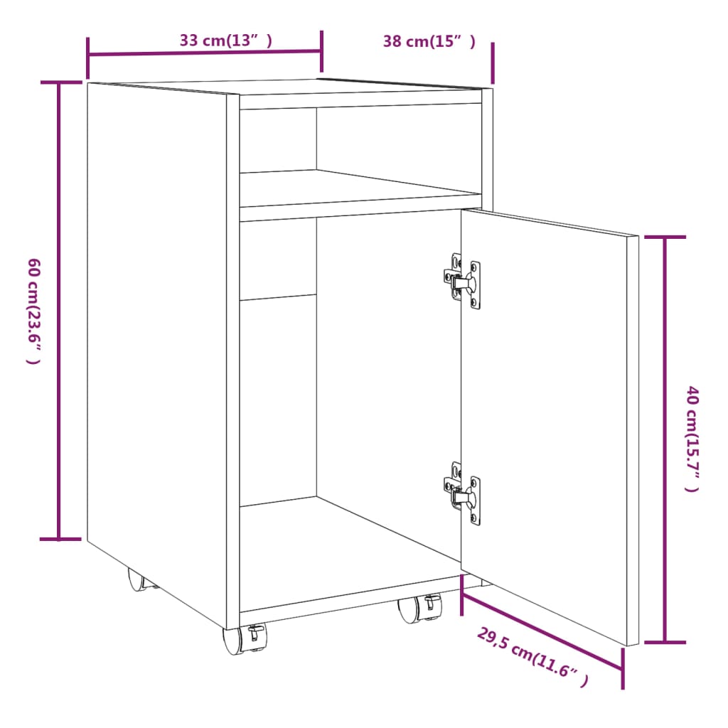 vidaXL Beistellschrank mit Rollen Braun Eichen-Optik 33x38x60 cm